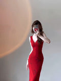 Mermaid V Neckline Christmas Dress Red Satin Prom Dresses Birthday Outfits SD1170