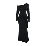 Autumn 2025 New Bag Ass Dress Famous Style Temperament Sex-Slanted Shoulder Long-Sleeved Dress Woman DJPT