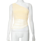 Women's Summer 2024 New Solid Color Asymmetric Mesh Perspective T-Up DJPT