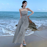 Summer New One-Word Collar Folds To Repair Height Waist A-Shaped Skirt Striped Beach Dress Woman