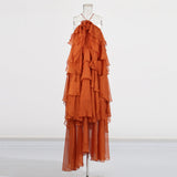 Style Elegant Dress 2025 Summer New Hanging Neck Sleeveless Back Design Lotus Leaf Side Dress Solid Color Woman