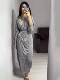 Women's 2024 Summer New Long Dress Temperament Loose Metal Decoration V Tie With Dress