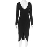 Women's Deep V Long Sleeves High Open Sexy Dress DJPT