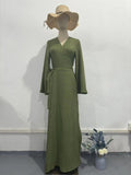 Long-Sleeved Dress 2024 Summer Cold Feeling With Belt V-Neck Zen Style Dress