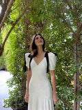 Gentle Temperament Ken Bean The Same Spring 2024 White Deep V Bow Tidial Sleeve Dress
