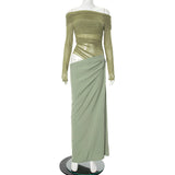 Women's Clothing 2024 Summer Word Shoulder Long Sleeves And Waist Spliced Dress DJPT