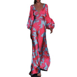 Spring And Summer New Women's Fashion Print Dress Sexy V-Neck Loose Waist DJPT