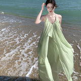 Lusty Sexy Back Hanging Neck Dress Women's Summer Vacation Folds Long Dress Green Loose A Word Skirt