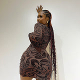 Sexy Deep V-Neck Print Hollow Long-Sleeved Dress Woman 2025 Hottie Body Dress DJPT