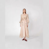 Spring And Autumn V-Neck Lantern Sleeve With Three-Dimensional Flower Design Dress