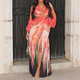 Women's Autumn Lantern Sleeve Dress High Waist Open Fork Long Dress