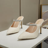 Women's Shoes Brand White Pearl Tip High Heel Fashion Half-Empty Ladies Sandals High Quality Shoes