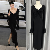 Zhao Sanguan Horn Sleeve Black Dew Dress 2024 New Elegant V-Neck Long Dress