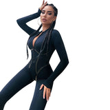 Babes Fashion Sports Leather Woven Strip Split Line Long Sleeve Zipper Tight Hip Jumpsuit DJPT