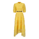 Elegant Style Dress 2025 New Round Collar Bubble Bubble Sleeve Lace Belt Fashion High-End Dress