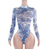 Autumn 2025 New Top Temperament Repair Net Yarn Print Long-Sleeved Dressing Woman DJPT