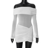 Women's First-Word Collar Shoulder Mesh Splicing Flash Folding Skirt Dress DJPT