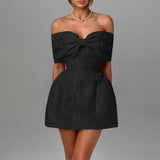 Word Shoulder Bow Sexy Bareback Dress Female Temperament Dress Skirt DJPT