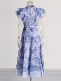 Bohemian Wind 2025 Spring New Neckline With Flying Sleeves To Close The Waist Print Medium Long Skirt Dress