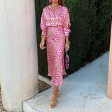 2025 New Women's Print Elegant Collar Long-Sleeved Shirt High-Waisted Skirt Fashion Suit Woman DJPT