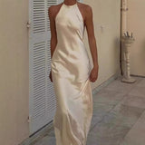 Sexy Bare Back Hanging Neck Sling Dress Simple Imitation Silk Satin Acetic Acid Thin Dress Dress HZ0628