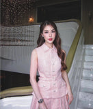 Design Pink Temperament Beads Top 2024 Summer Beauty POLO Received Waist 100 Folded Skirts Two Pieces