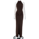 Women's Solid Color Sleeveless Hanging Neck Tight-Up Kitted Open Fork Dress DJPT