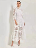 Spring And Summer Goddess Elegant Temperament Pure Color Hollow Lace Dress
