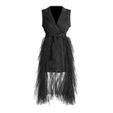 Temperament Elegant Style Suit Dress 2025 Spring New Sleeveless V-Neck Suit Mesh Splicing Dress Dress Woman