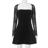 Women's Square Collar Mesh Long Sleeves After Wearing A Dew Elegant Dress DJPT