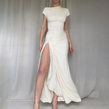 Knitted Round Collar Sexy Open Fork Dress Woman 2025 Summer New Stylish Black Dress DJPT