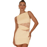 Women's Decoration Body Hips Sleeve High-Necked Lace Hollow Twist Ring Dress DJPT