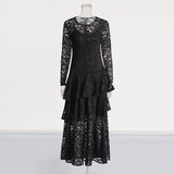 Retro Style Small Lotus Leaf Side Dress 2025 High-End New Round-Neck Long-Sleeved Lace Hollow Dress
