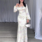 Women's Autumn French Style Collar Lantern Sleeve High-Waisted Body-Body-Cuffed Kite Skirt