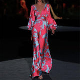Spring And Summer New Women's Fashion Print Dress Sexy V-Neck Loose Waist DJPT