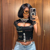 Round Collar Letter Print Sexy Hollow Short-Sleeved T-Shirt Girl New Hottie Fashion Top DJPT