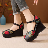 Real Leather National Style Print Ultra-High With Idyllic Wind Thick Bottom Retro College Style Buckle Sandals High Quality Shoes
