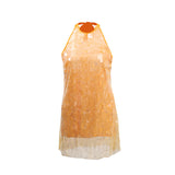 Barbie Wind Hanging Neck Sleeveless Sleeve Squin Mini Dress 2025 New Women's Summer Waist Solid Color Dress Woman