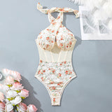 Neck Deep V-Joint Clothing Mesh Spliced Steel Ring Fish Bone Girded Waist Print Bikini Woman DJPT