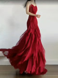 Mermaid Spaghetti Straps Red Chiffon Ruffles Birthday Dresses Long Prom Dress SD1160