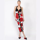 New Small Fragrant Rose Jabreeze Knitted Banda Skirt Sexy Hanging Neck Gold Buckle Elastic Dress