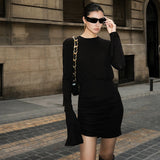 Zhao Sanguan 2024 New Black Folded Skirt Temperament Waist Horn Sleeve Dress
