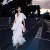 2025 White Feathers Hollow V-Necked Dress 9009