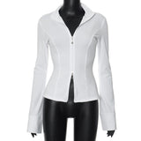 Women's Clothing 2024 Summer Solid Color Collar High-Rise Body-Clamping Long-Sleeved Zip-Up Top DJPT