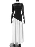 Women's Black And White Bumping Round Neck Irregular Opening Dress DJPT