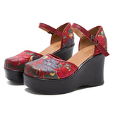 Real Leather National Style Print Ultra-High With Idyllic Wind Thick Bottom Retro College Style Buckle Sandals High Quality Shoes