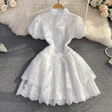Summer Retro Temperament Super Fairy Collar Single Buckle White Embroidery Bubble Sleeve A Word Cake Dress DJPT
