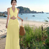 Style Sexy Hottie Suit Female V-Neck Hanging Neck Sling Vest High-Waisted Long Skirt Two Sets