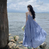 Sanya Beach Dress Women's Slings Ribbons With Back V-Neck Dress Temperament High-Rise Lanky Skirt
