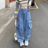 Kong Style Retro Big Pocket Workwear Jeans Women's Spring And Autumn Tide Straight Loose Hanging Wide Leg Trousers DJPT
